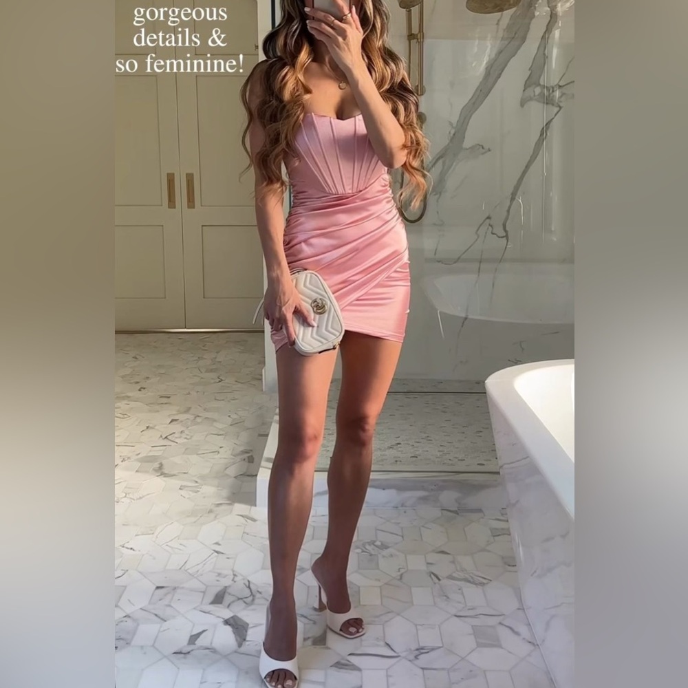 NWT LINJOU Rose Pink Satin/Silk Sweetheart Corset Ruched Wrap Bodycon Dress | L